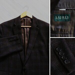 Lauren Ralph Lauren Mahogany Windowpane Plaid Blazer Men's 44L Elbow Patch Wool
